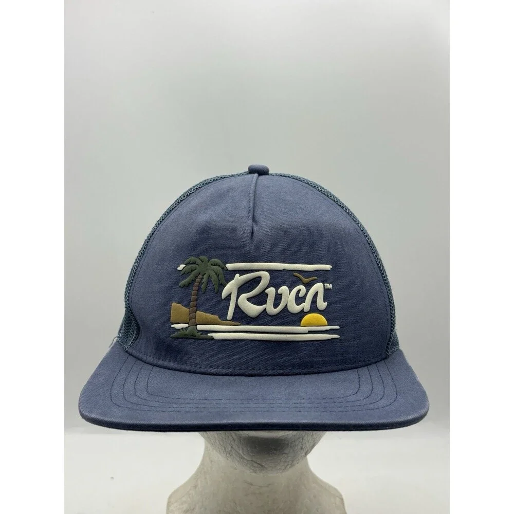 RVCA Trucker Hat Mid Fit Blue Snapback Mesh Rubber Logo Beach Surf Cap OSFM